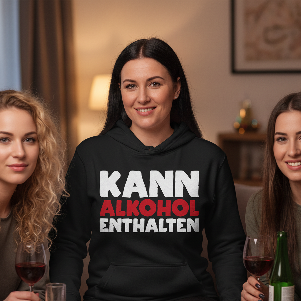 Eine Frau trägt den KANN ALKOHOL ENTHALTEN Hoodie bei der Hausparty mit Freundinnen im Hintergrund