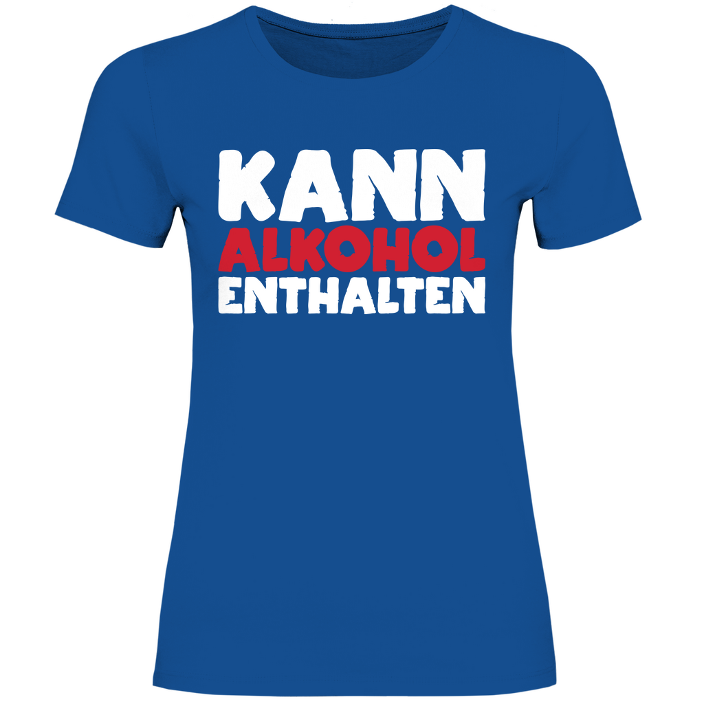 Royal Blue T-Shirt Frauen mit humorvollem Alkohol Spruch KANN ALKOHOL ENTHALTEN, Frontansicht