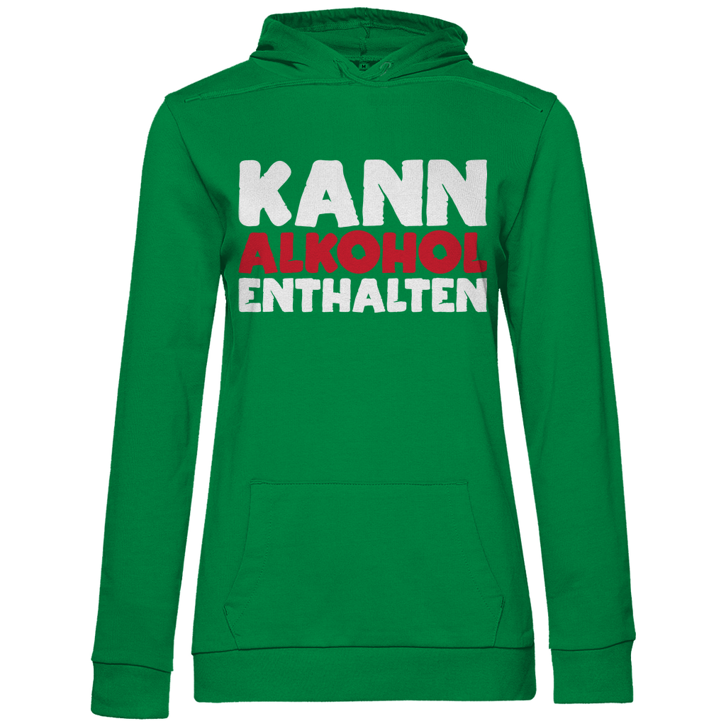 Kelly grüner Hoodie Damen mit Alkohol Statement KANN ALKOHOL ENTHALTEN für Mädelsabend, Frontansicht