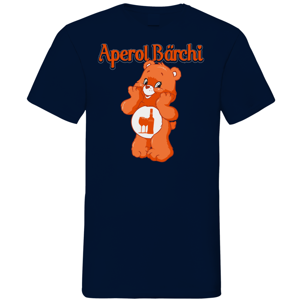 Navy Herren V-Neck Shirt mit Aperol Bärchi Aufdruck und orangem Bär Motiv, Frontansicht