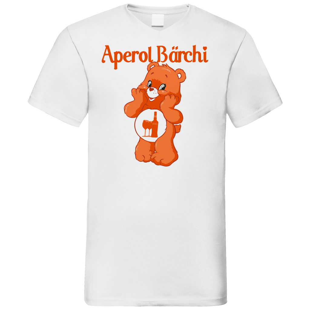 Weißes V-Neck Herren Shirt mit Aperol Bärchi Design und Glücksbärchi Parodie, Frontansicht