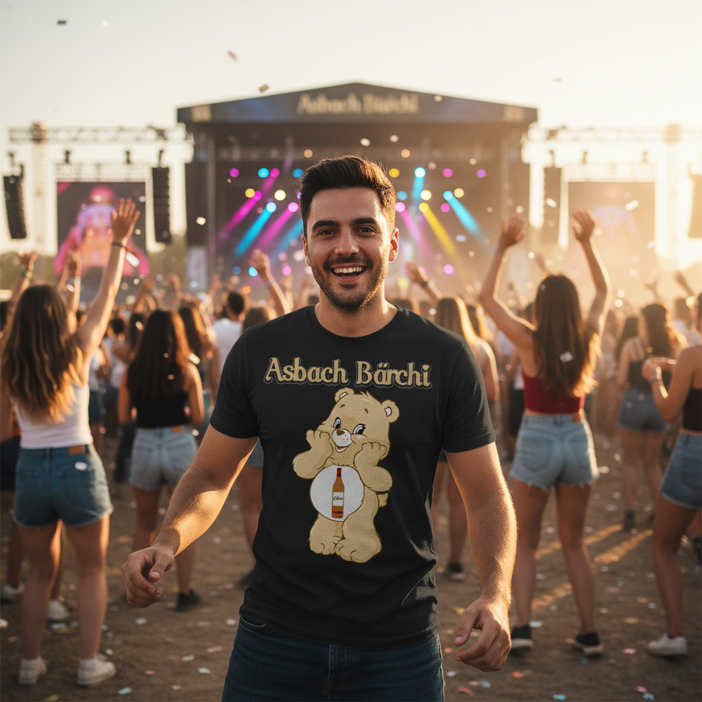 Partyshirt Herren schwarz Asbach Bärchi Glücksbärchis Festival Outdoor Feier Alkohol Shirt Stimmung Bühne