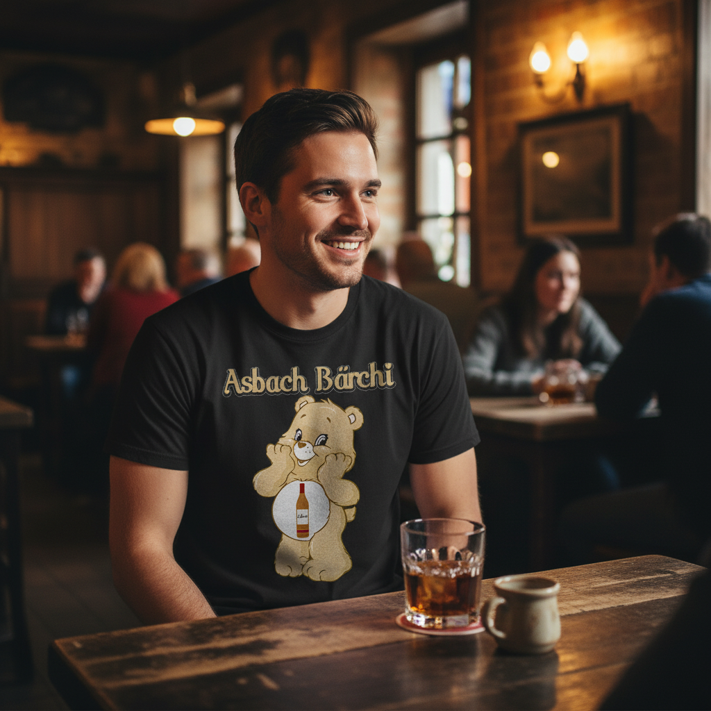 Asbach Uralt Fan Shirt Herren schwarz getragen Kneipe Glücksbärchis Bär Motiv Spirituosen Lifestyle gemütlich