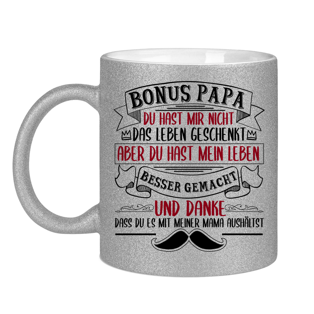 Bonus Papa danke dass du es mit meiner Mama aushältst - Glitzertasse Silver Glitter One size