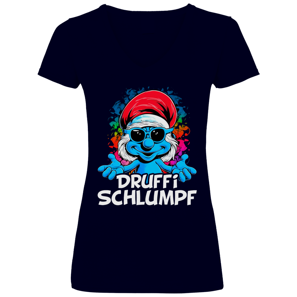 Druffi Schlumpf Grafik - V-Neck Damenshirt Deep Navy