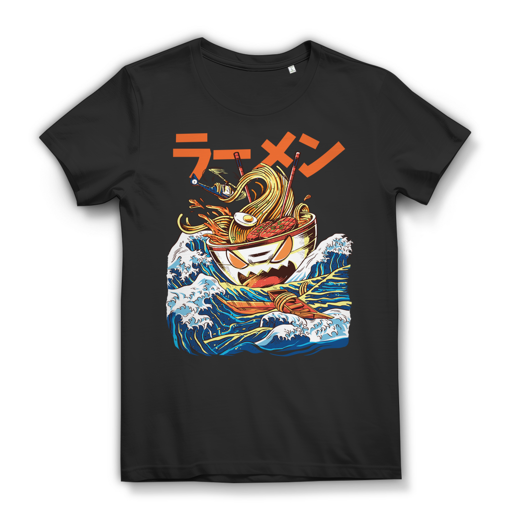 Damen T-Shirt Ramen Monster Welle Japan Foodie Shirt Bio Baumwolle Black