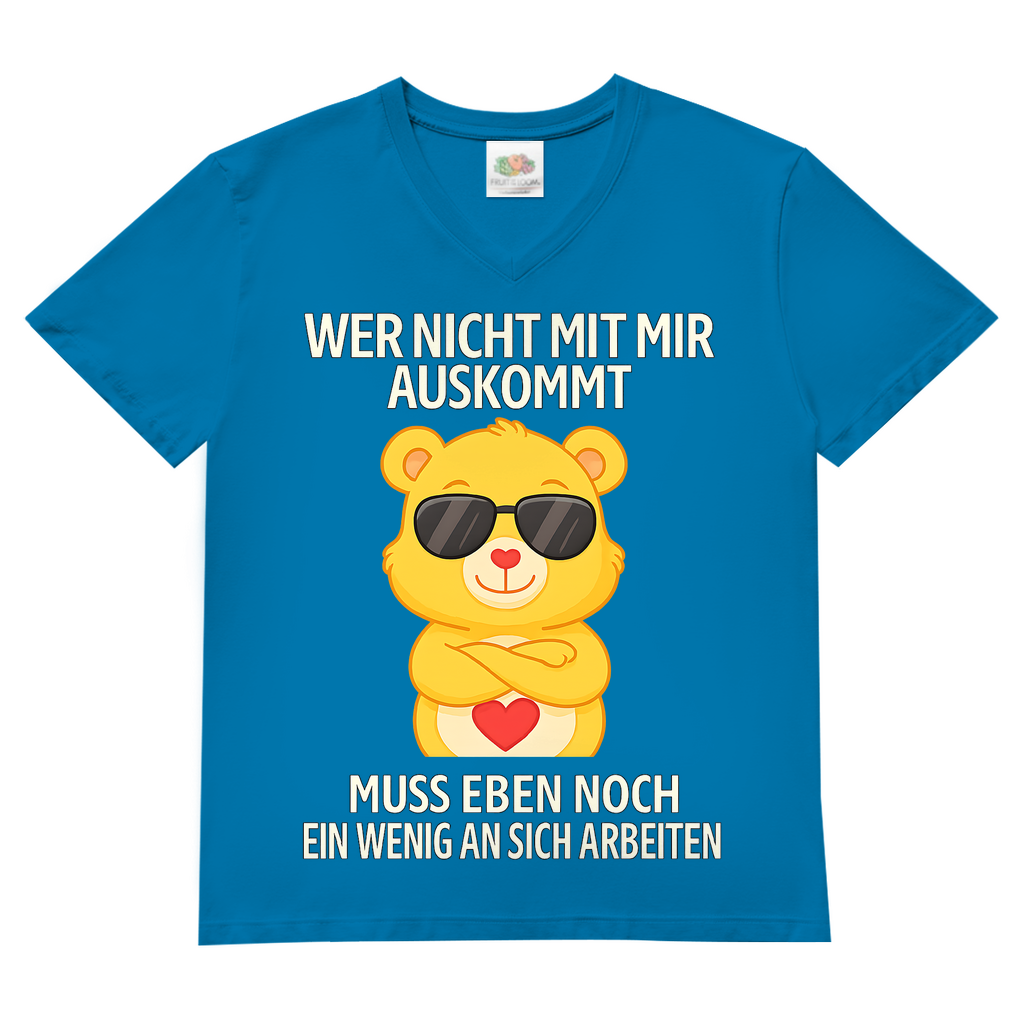Herren V-Neck T-Shirt Wer nicht mit mir auskommt Glücksbärchi Bärchi Spruch Azure Blue