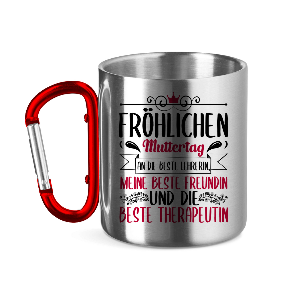 Fröhlichen Muttertag an die beste Mutter - Edelstahltasse mit Karabinergriff Red 320 ml