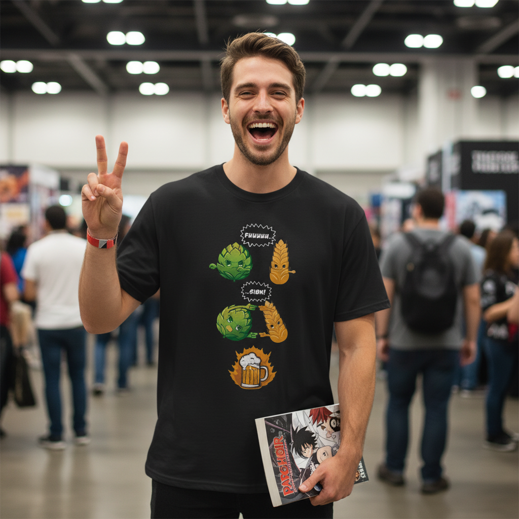 Ein Mann trägt das Bier Fusion Shirt auf der Anime-Convention und hält ein Manga-Heft