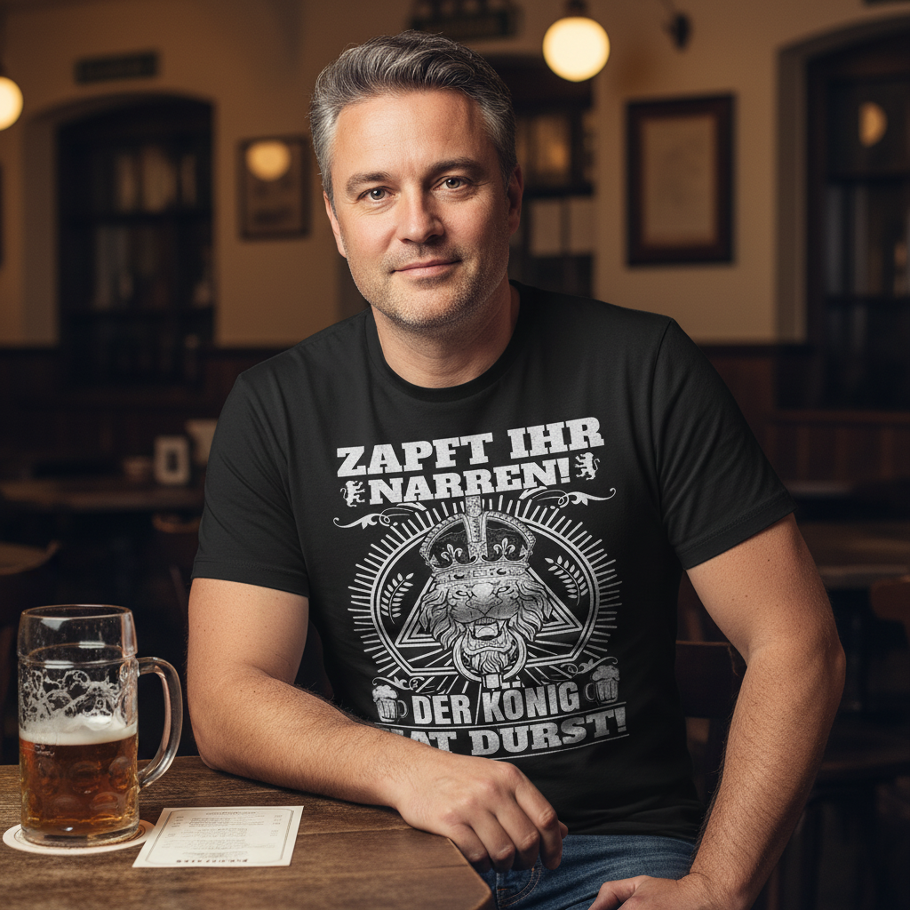 Ein Mann trägt ein Bier König Shirt am Stammtisch in der Gaststätte mit Bierkrug auf dem Tisch