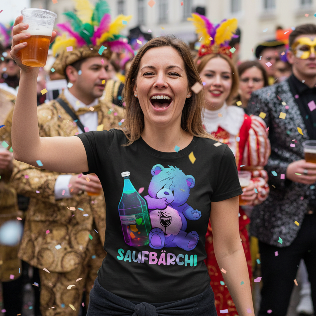 Saufbärchi Damen Shirt Lustiges Glücksbärchi Party Feier Trink Funshirt