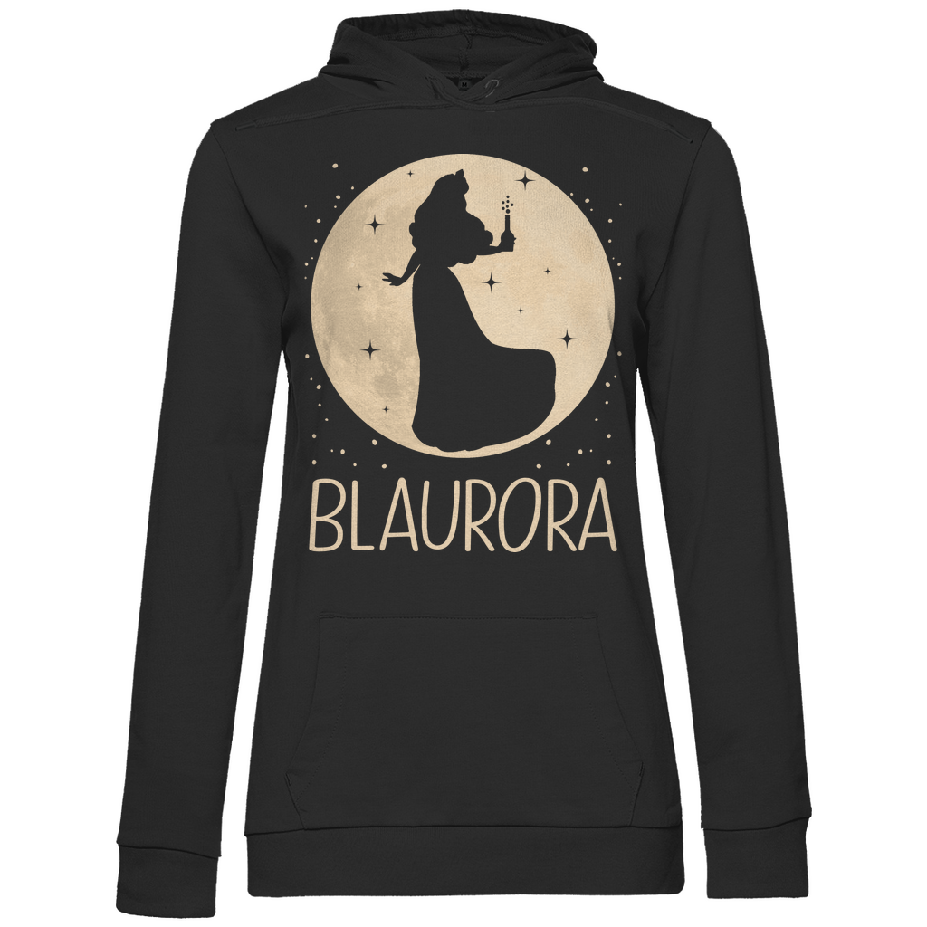 Schwarzer Damen Hoodie mit Blaurora Dornröschen Motiv und Mond Silhouette, Frontansicht
