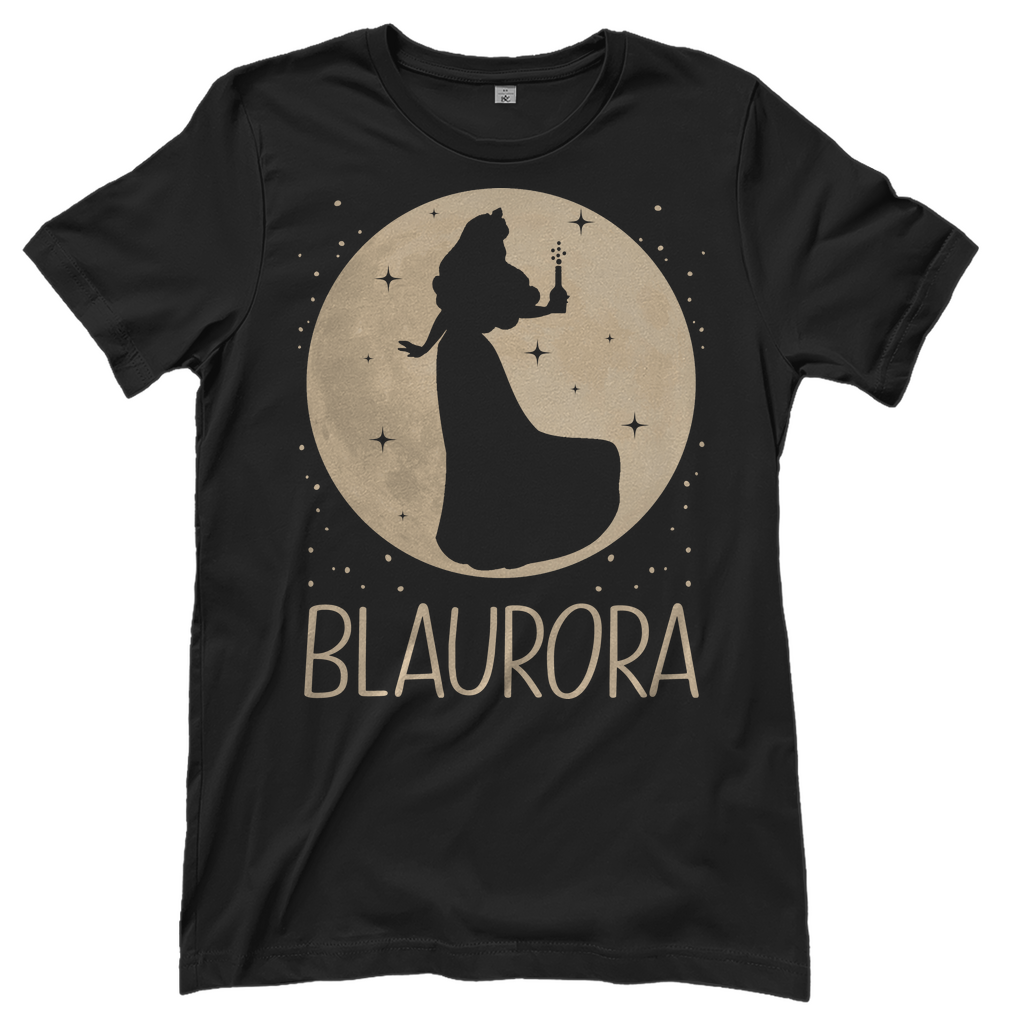Schwarzes Damenshirt mit Blaurora Mond Prinzessin Design magische Vollmond Silhouette, Frontansicht