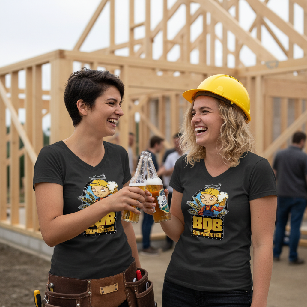 Zwei Freundinnen im Bob der Saufmeister Shirt beim Richtfest Prost – lustiges Baumeister Parodie Shirt als Geschenk für Handwerkerinnen und Bier-Fans, schwarzes Damen V-Neck