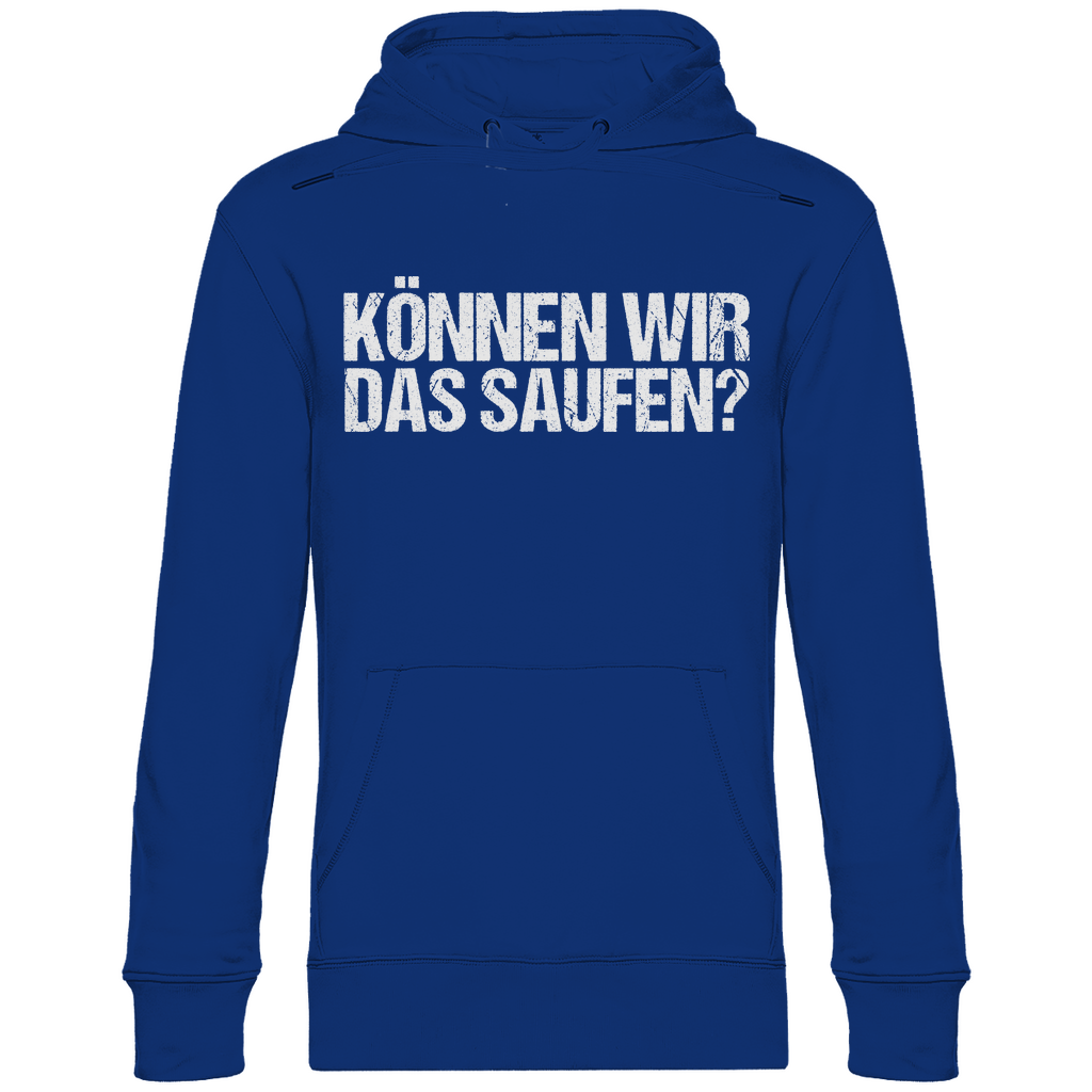 Royal blauer Bob der Saufmeister Hoodie mit Können wir das saufen Design für Festivals, Frontansicht