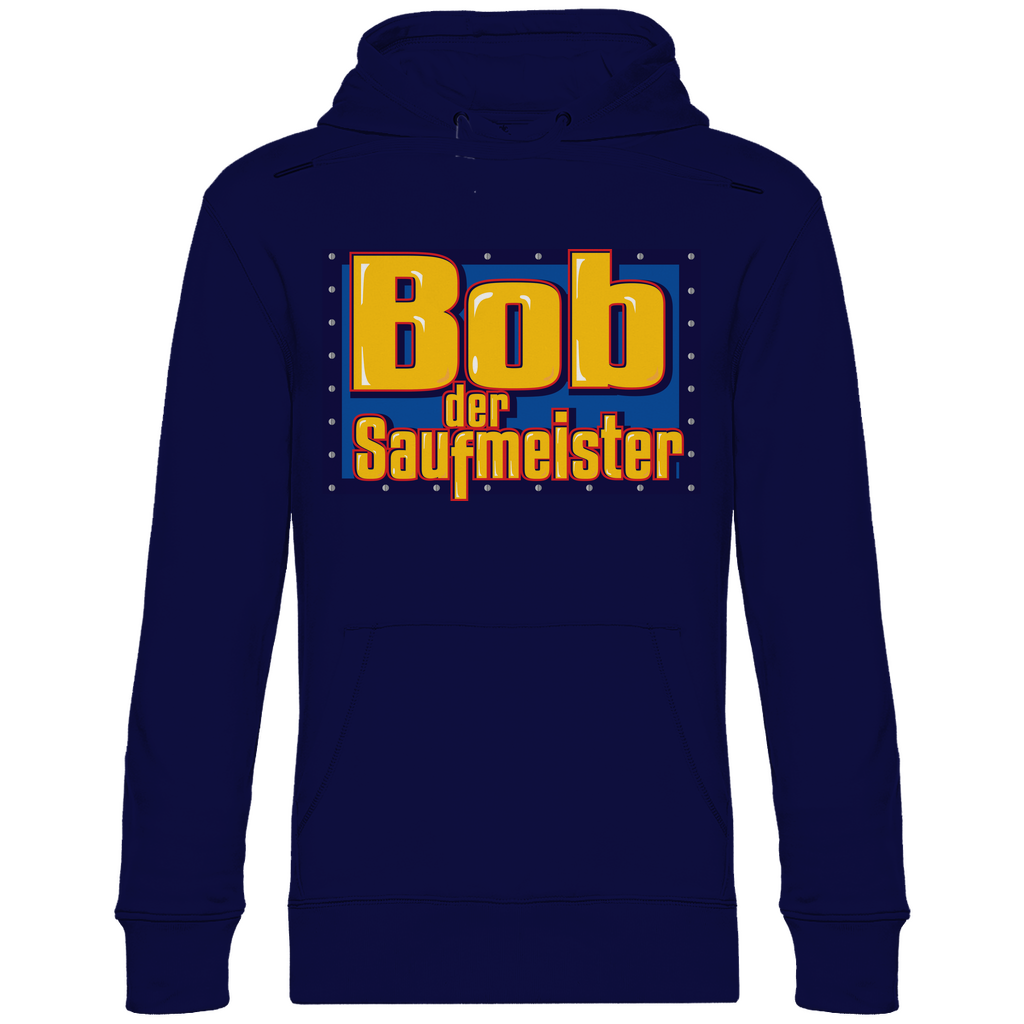 Navy blauer Kapuzenpullover mit Saufmeister Design Bob der Baumeister Parodie, Frontansicht