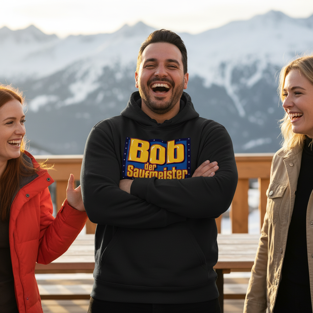 Ein Mann trägt den Saufmeister Hoodie auf der Berghütte beim Après-Ski im Winter