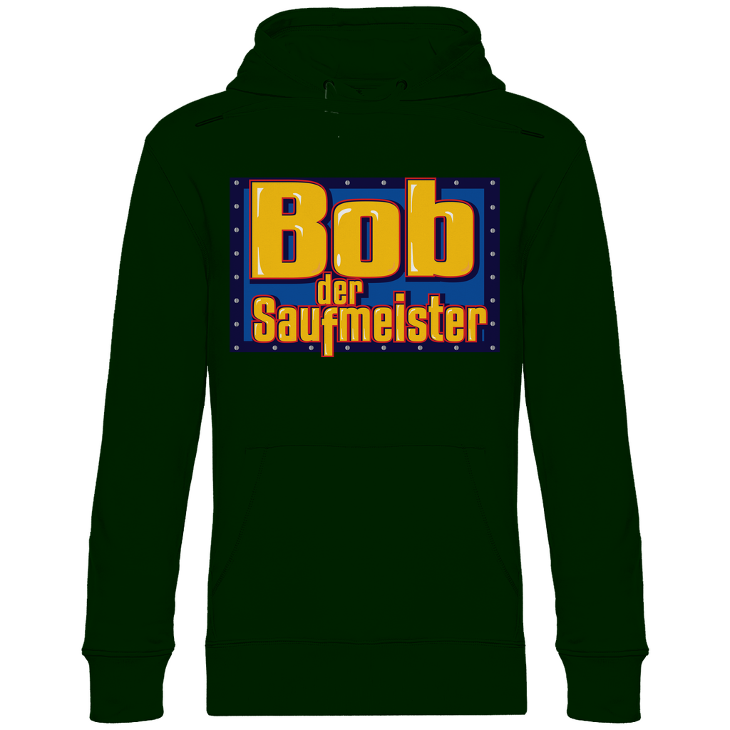 Dunkelgrüner Männer Hoodie mit Saufmeister Trinkspruch Bob Design witzig, Frontansicht