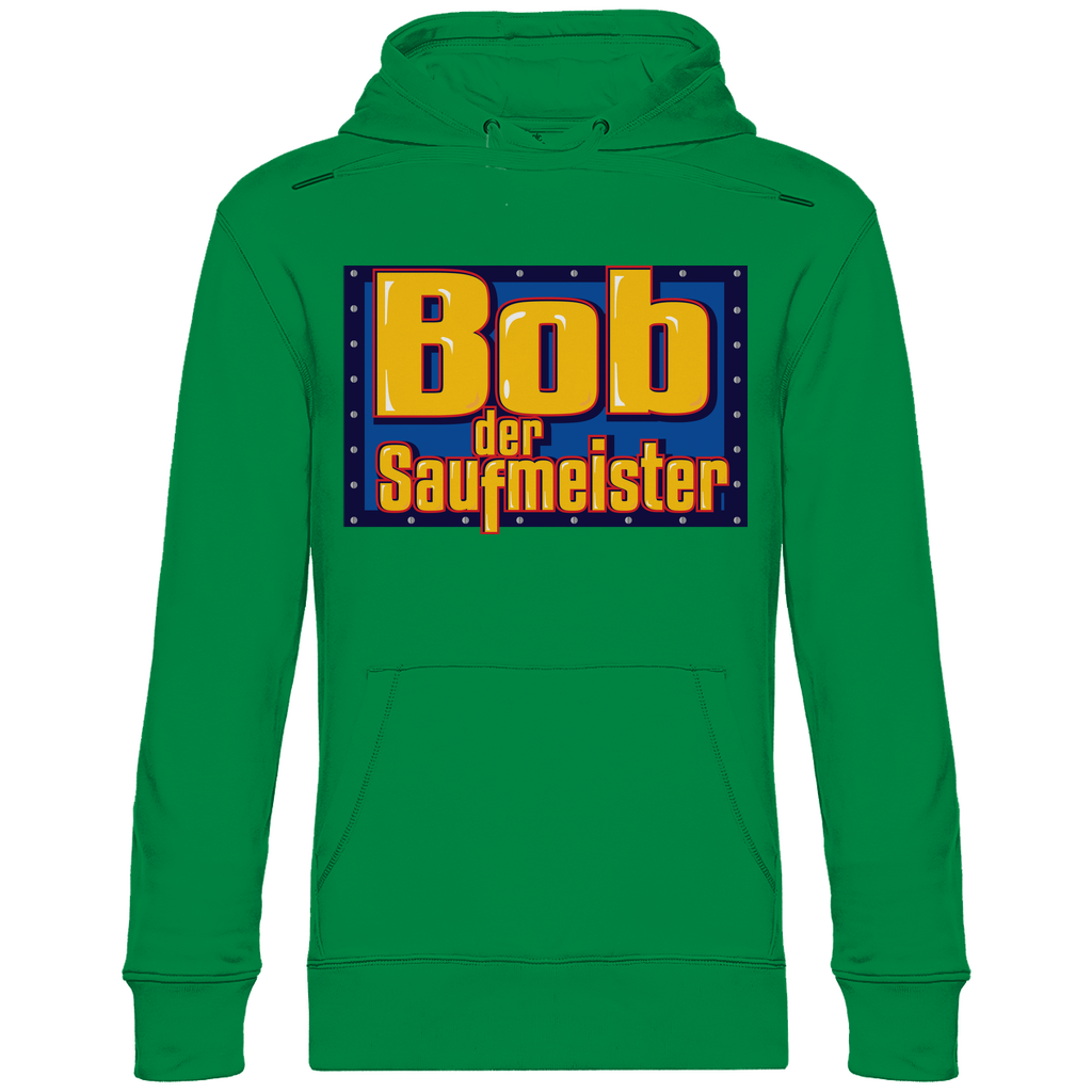 Grüner Party Hoodie mit Bob der Saufmeister Motiv für Festival und Feiern, Frontansicht