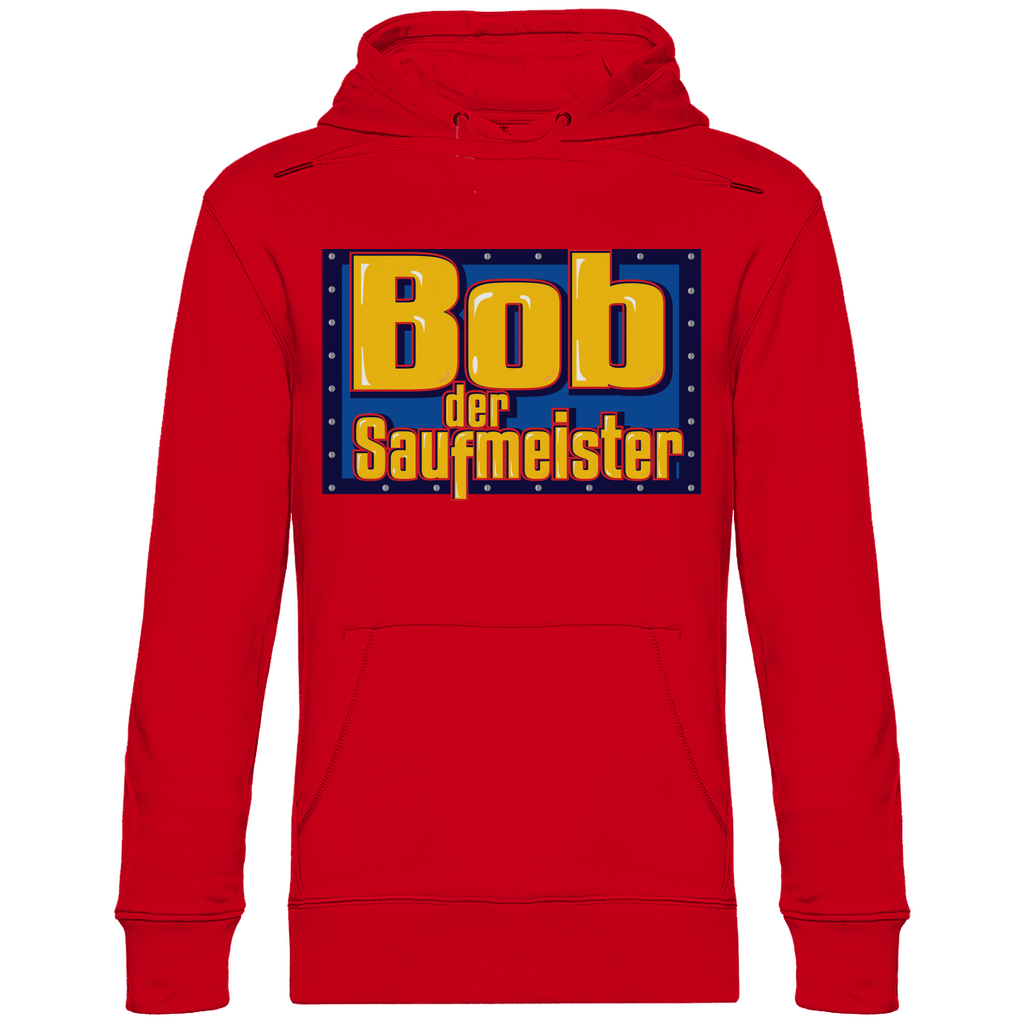 Roter Unisex Kapuzenpullover mit Saufmeister Design witzig humorvoll bunt, Frontansicht