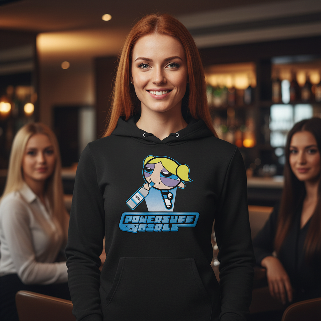 Eine Frau trägt den schwarzen Bubbles Powerpuff Girls Hoodie in einer Bar Lounge mit Freunden