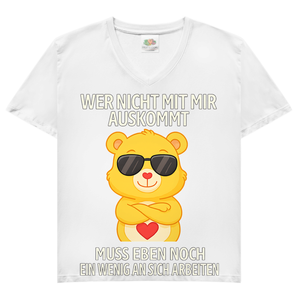 Damen V-Neck T-Shirt Muss an sich Arbeiten Glücksbärchi White