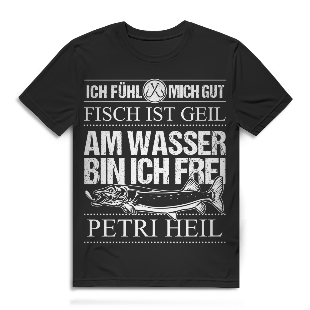 Herren T-Shirt Am Wasser bin ich frei Petri Heil Angler Shirt Bio Baumwolle Black
