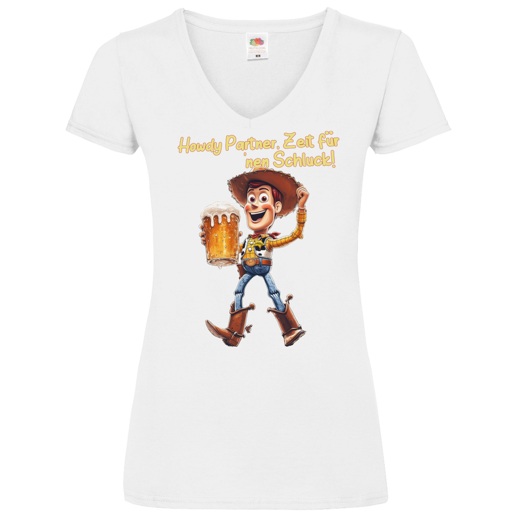 Howdy Partner Zeit für nen Schluck - Woody Toy Story - V-Neck Damenshirt White