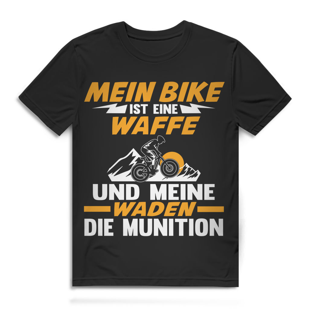 Lustiges Herren Bio T-Shirt Mein Bike ist eine Waffe Waden Munition Fahrrad Black