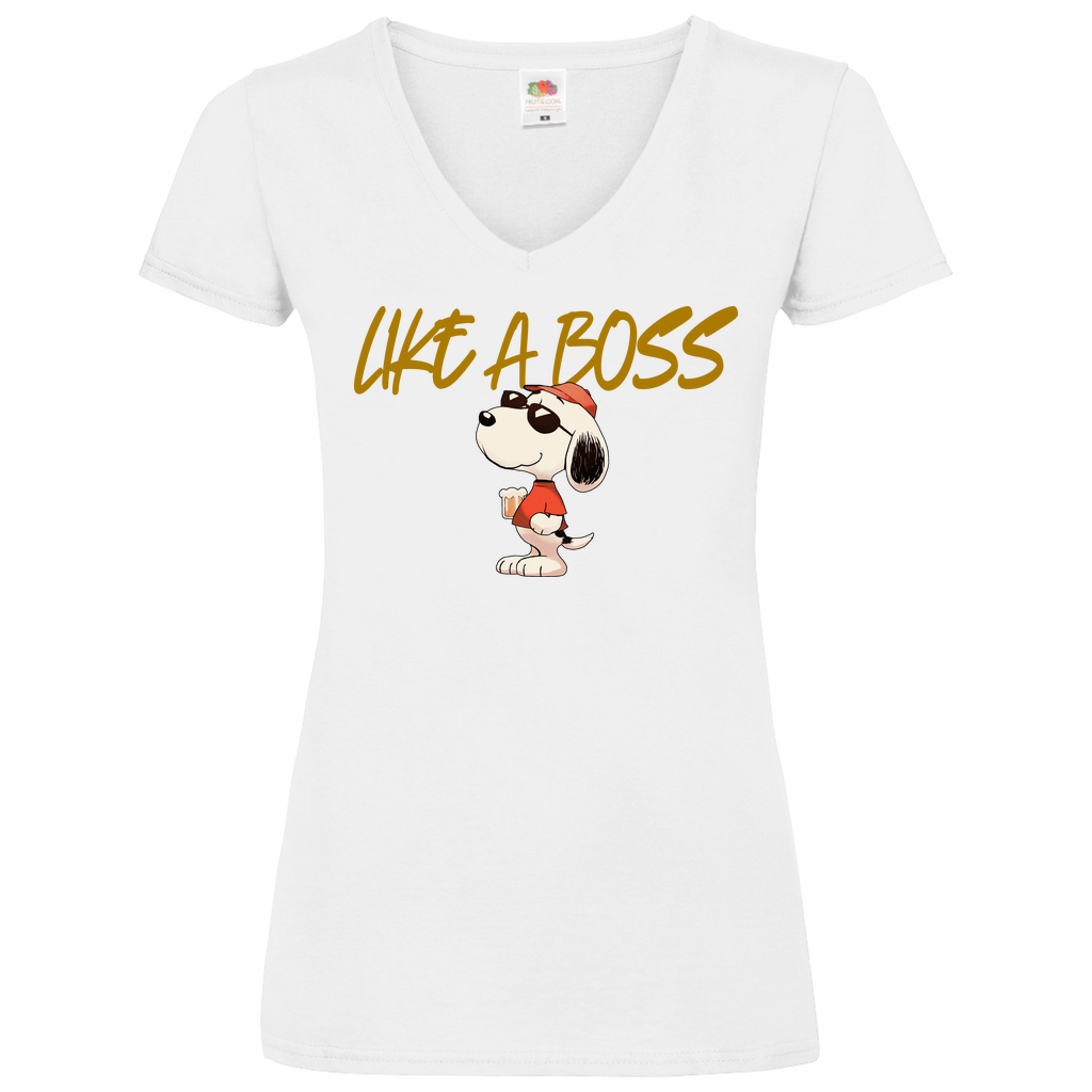 Peanuts Snoopy mit Bier Like a Boss - V-Neck Damenshirt White