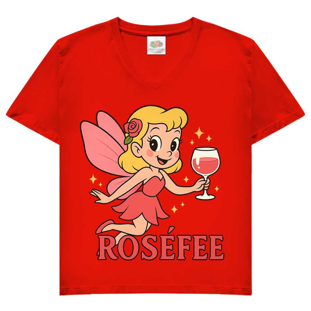 Damen V-Neck T-Shirt ROSÉFEE – Rosé Wein Fee Motiv mit femininer V-Ausschnitt Red