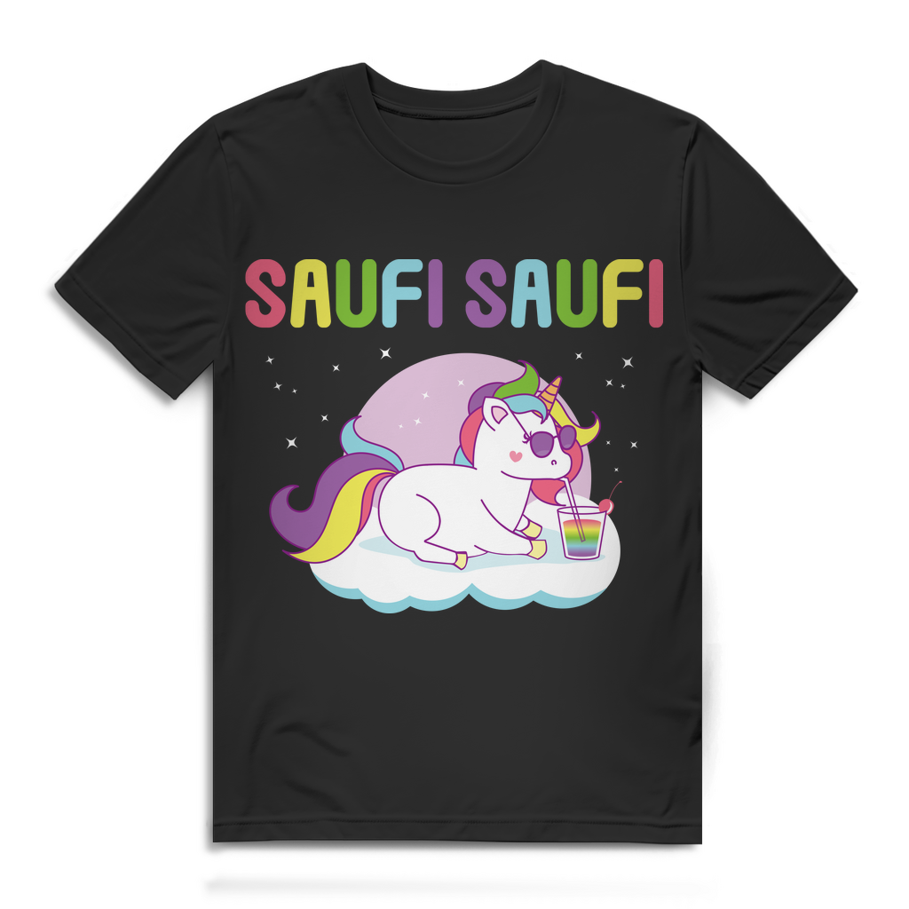 Saufi Saufi Einhorn Shirt Herren – Lustiges Suff T-Shirt mit Regenbogen Style Black