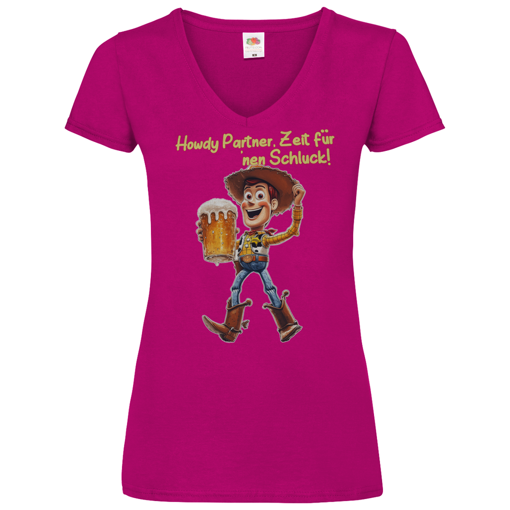 Howdy Partner Zeit für nen Schluck - Woody Toy Story - V-Neck Damenshirt Fuchsia