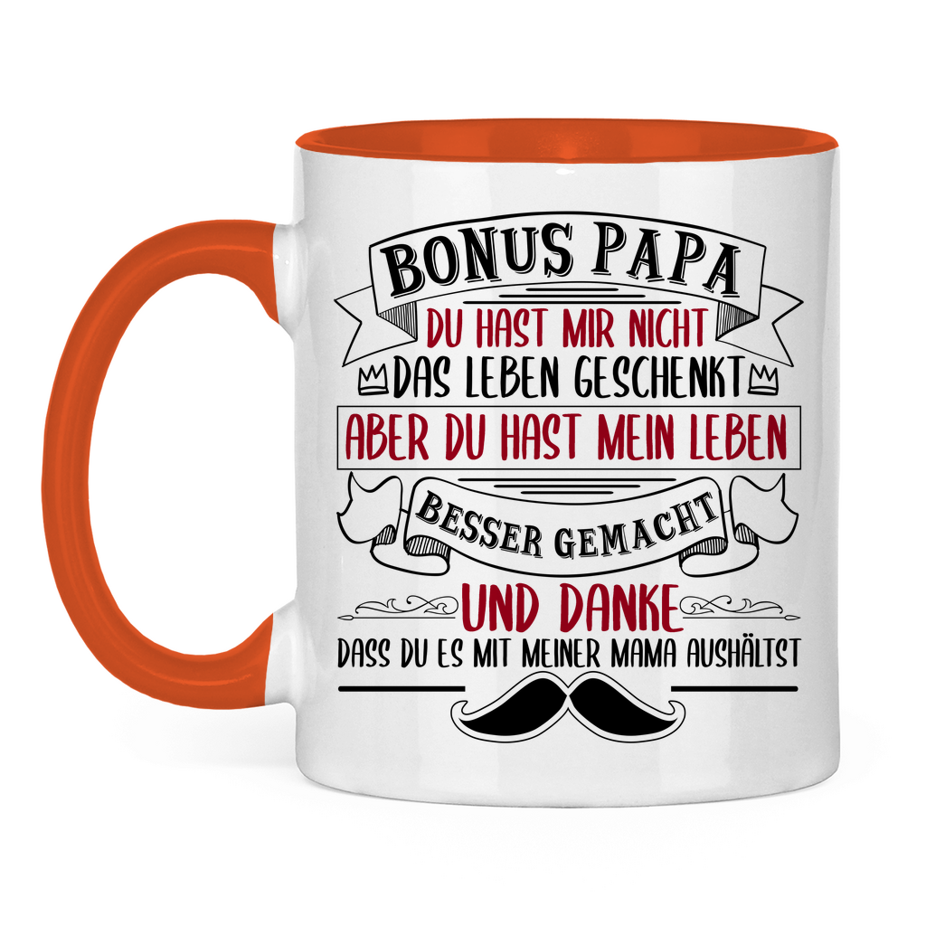 Bonus Papa danke dass du es mit meiner Mama aushältst - Tasse zweifarbig Orange