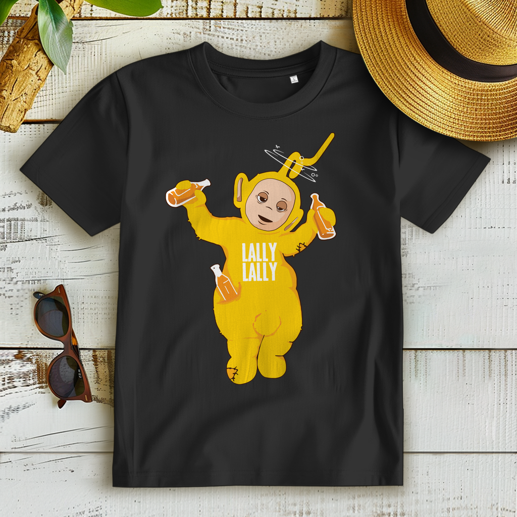 Lally Lally Shirt Damen – Lustige Teletubbie Suff Parodie mit Laa Laa Motiv Black