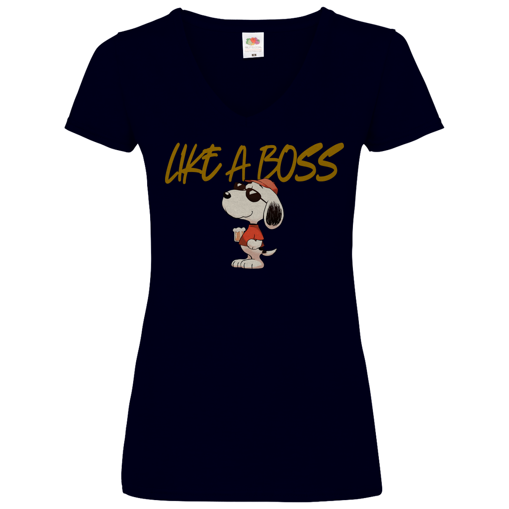 Peanuts Snoopy mit Bier Like a Boss - V-Neck Damenshirt Deep Navy