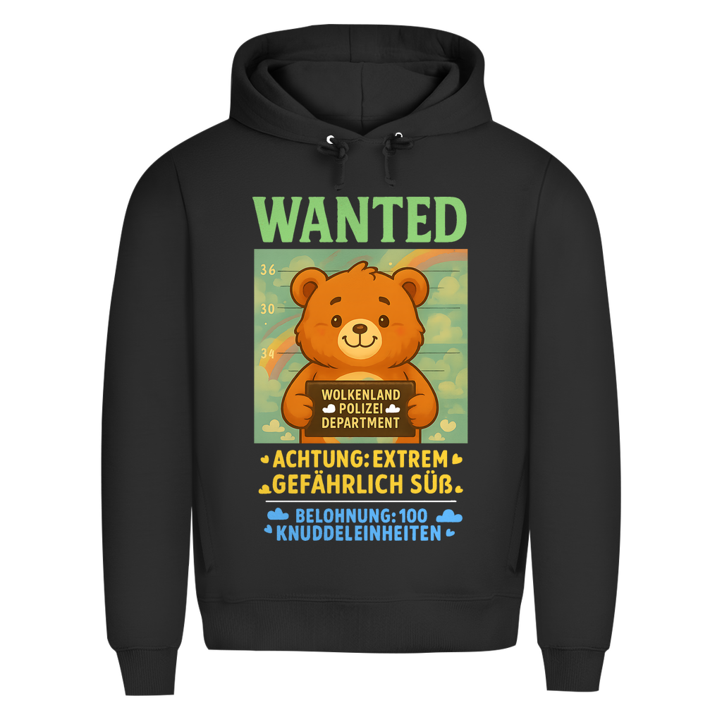 Herren Premium Bio Hoodie Wanted Glücksbärchi Wolkenland Extrem Gefährlich Süß Black Pure
