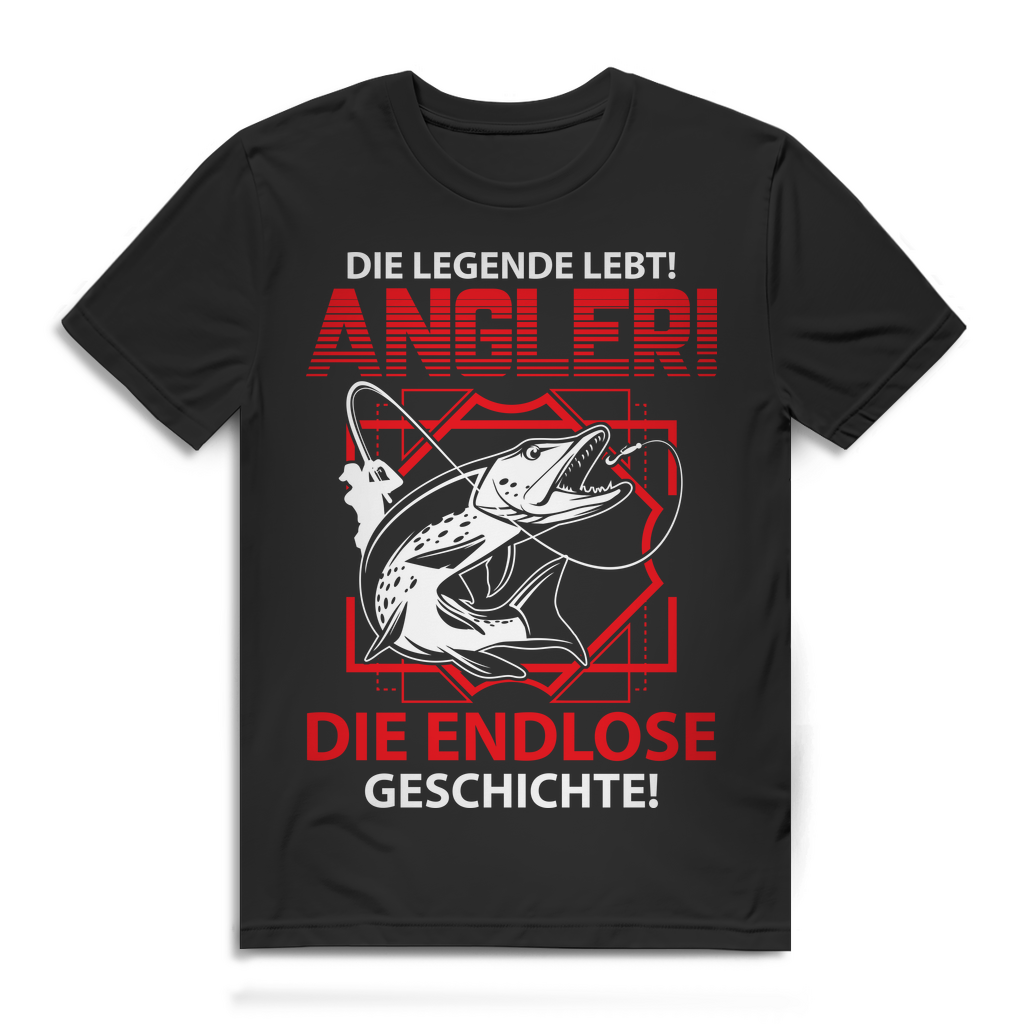 Herren T-Shirt Die Legende lebt Angler die endlose Geschichte Hecht Black