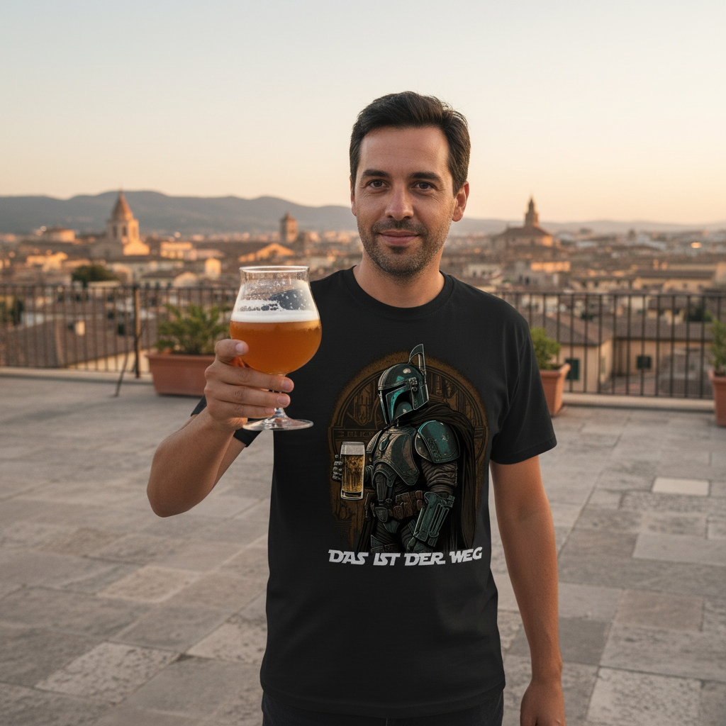 Ein Mann trägt das Das ist der Weg Bier Shirt auf einer Terrasse und hält ein Craft Beer Glas