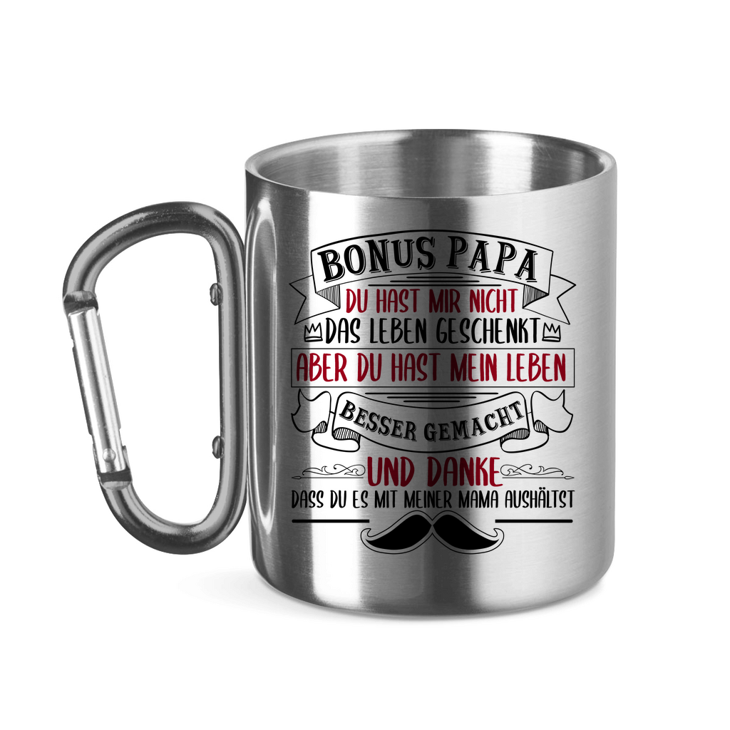 Bonus Papa danke dass du es mit meiner Mama aushältst - Edelstahltasse mit Karabinergriff