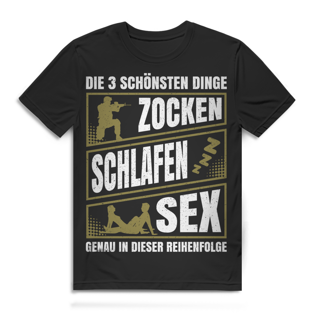 Gamer Funshirt Männer – Die 3 schönsten Dinge: Zocken Schlafen Sex Black