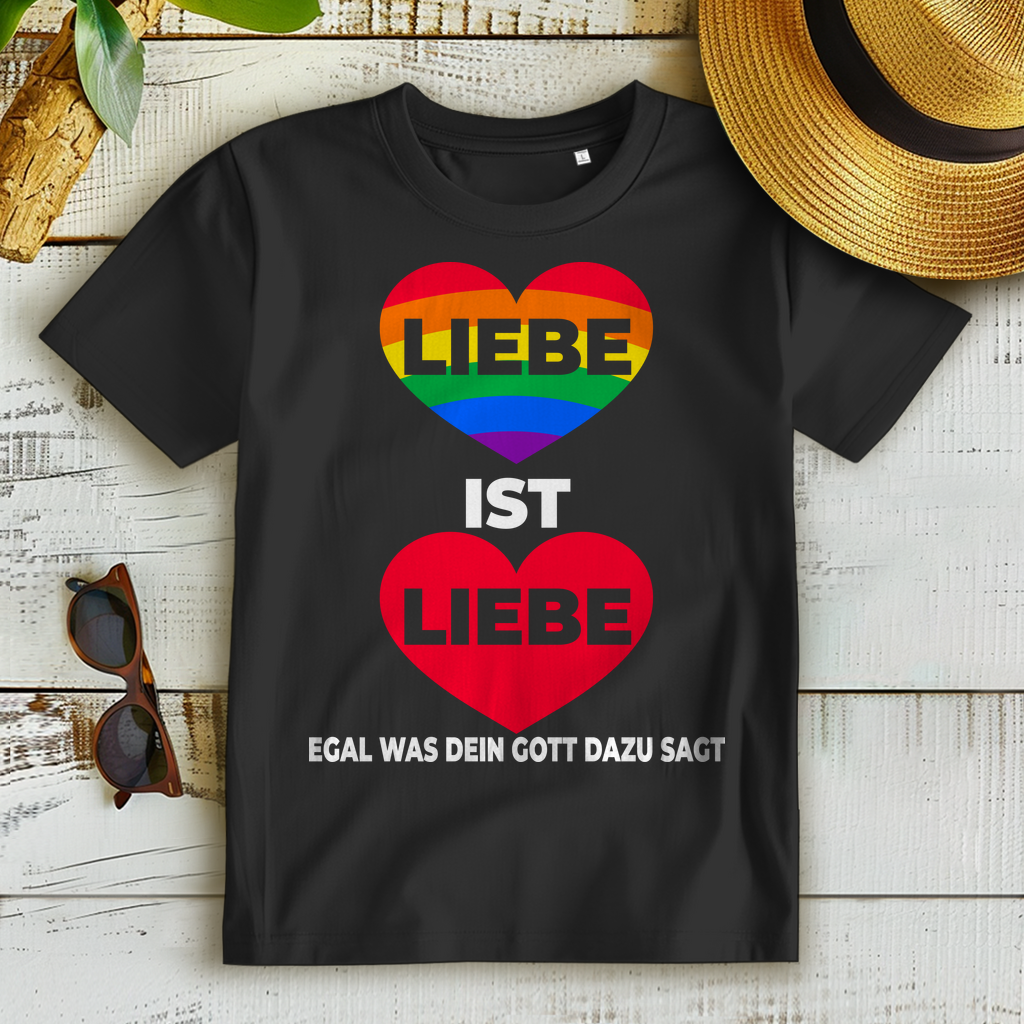 Liebe ist Liebe Shirt Damen LGBTQ Regenbogen Herz Equality Pride Religion Spruch Black