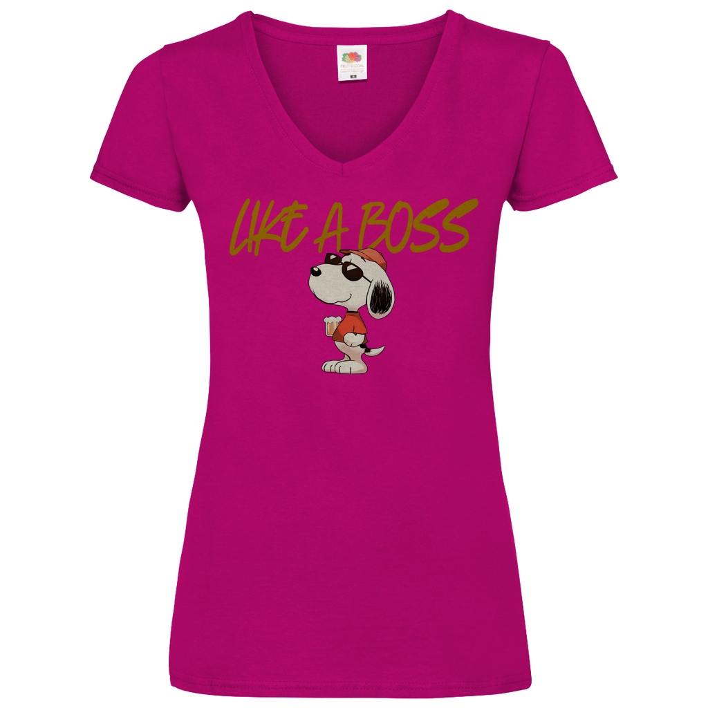 Peanuts Snoopy mit Bier Like a Boss - V-Neck Damenshirt Fuchsia