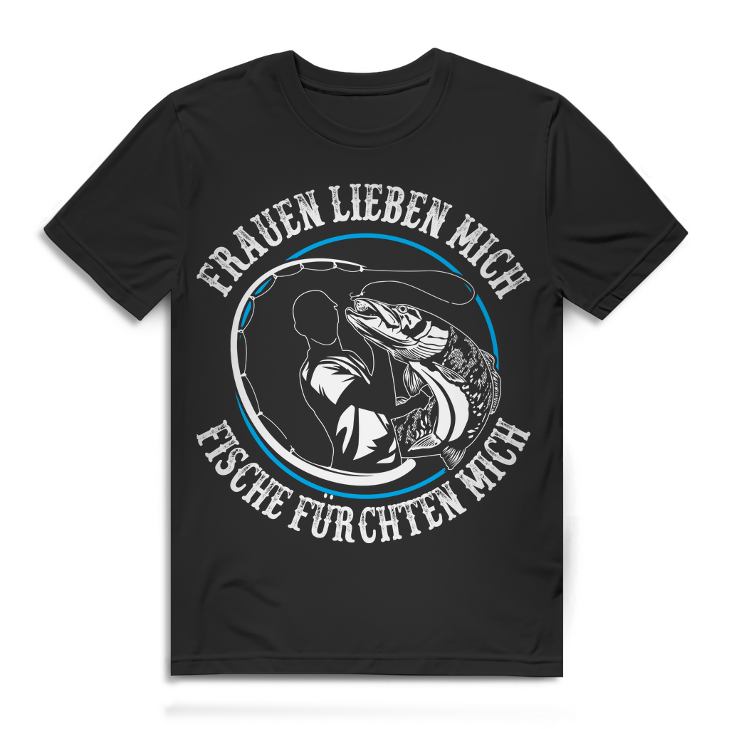 Herren T-Shirt Frauen lieben mich Fische fürchten mich Angler Black