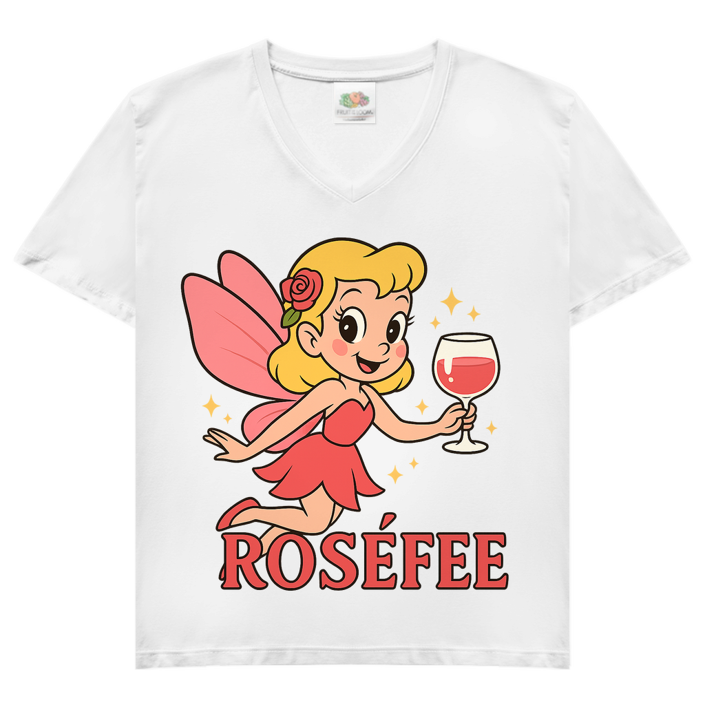 Damen V-Neck T-Shirt ROSÉFEE – Rosé Wein Fee Motiv mit femininer V-Ausschnitt White