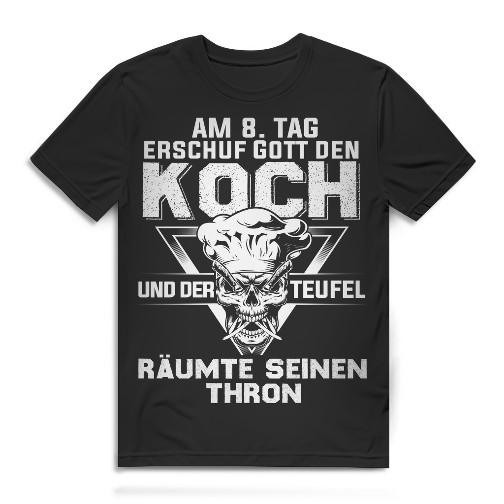 Herren T-Shirt Am 8. Tag erschuf Gott den Koch Teufel Thron Black
