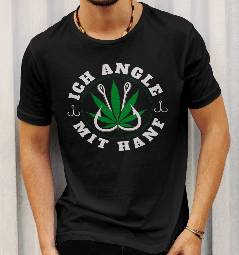 Ich angle mit Hanf T-Shirt Herren – Angel Spruch mit Hanfblatt und Haken Design