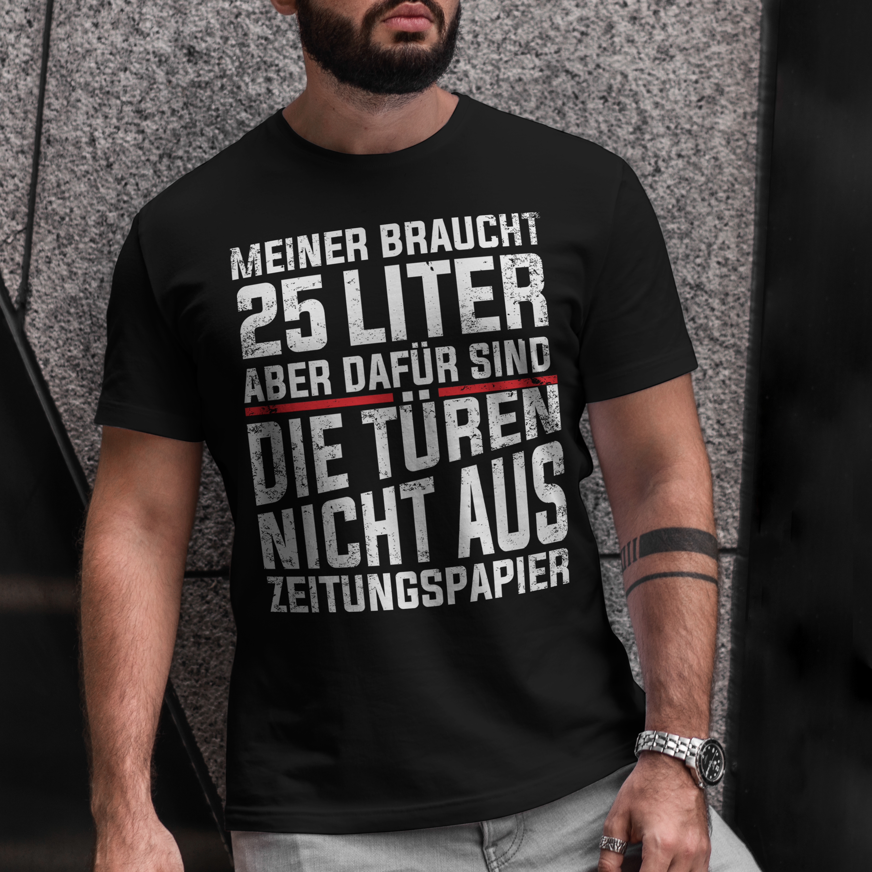 Muscle Car Shirt Männer – 25 Liter Verbrauch und keine Türen aus Zeitungspapier