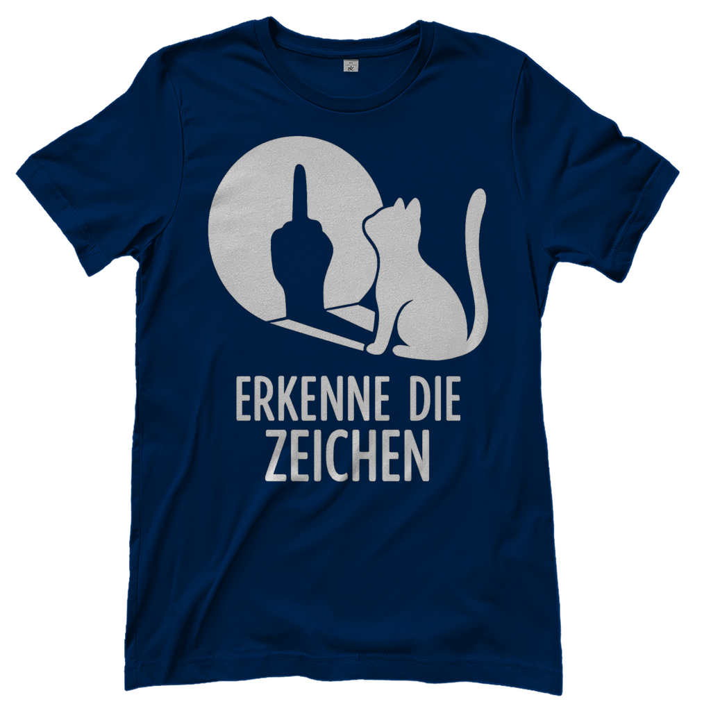 Damen T-Shirt Erkenne Die Zeichen Katze Katzenliebhaber Funshirt Navy