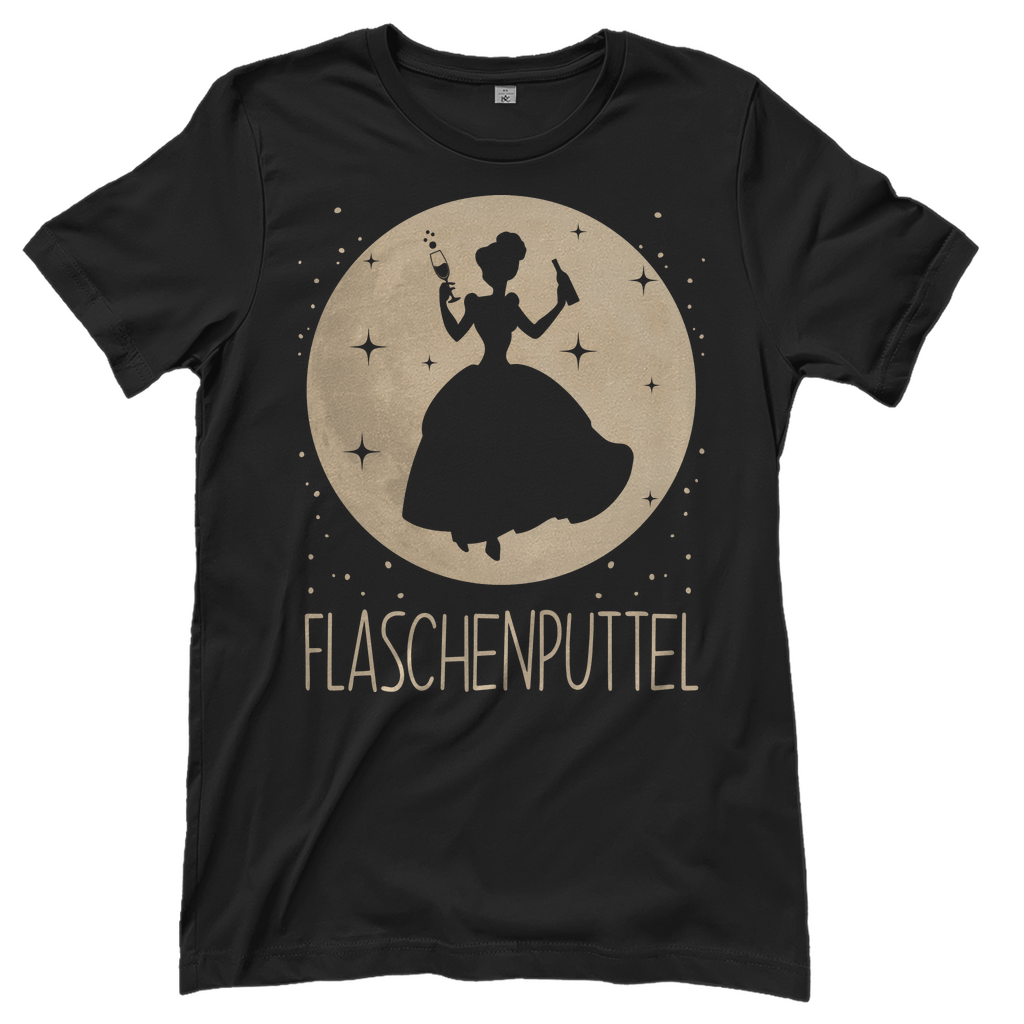 Schwarzes Damen T-Shirt mit Flaschenputtel Aschenputtel Motiv und Flasche Mond Design, Frontansicht